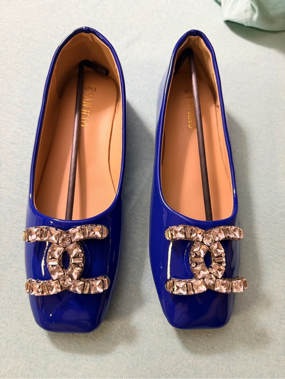 Crystal-Embellished Patent Blue Women’s Ballet Flats